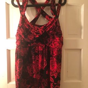 Rose red and black baby doll top criss cross back